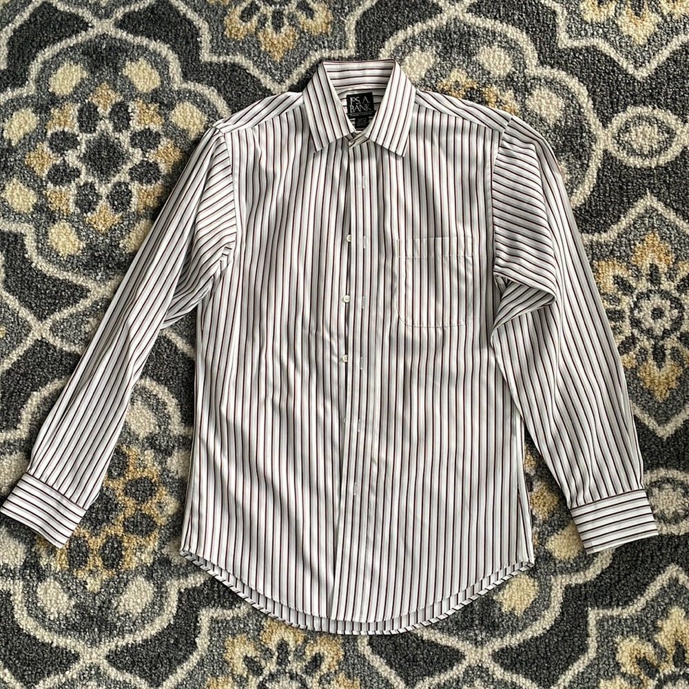 Dress shirt Jos. A. Bank slim fit 14 1/2-32 white and red and grey stripes